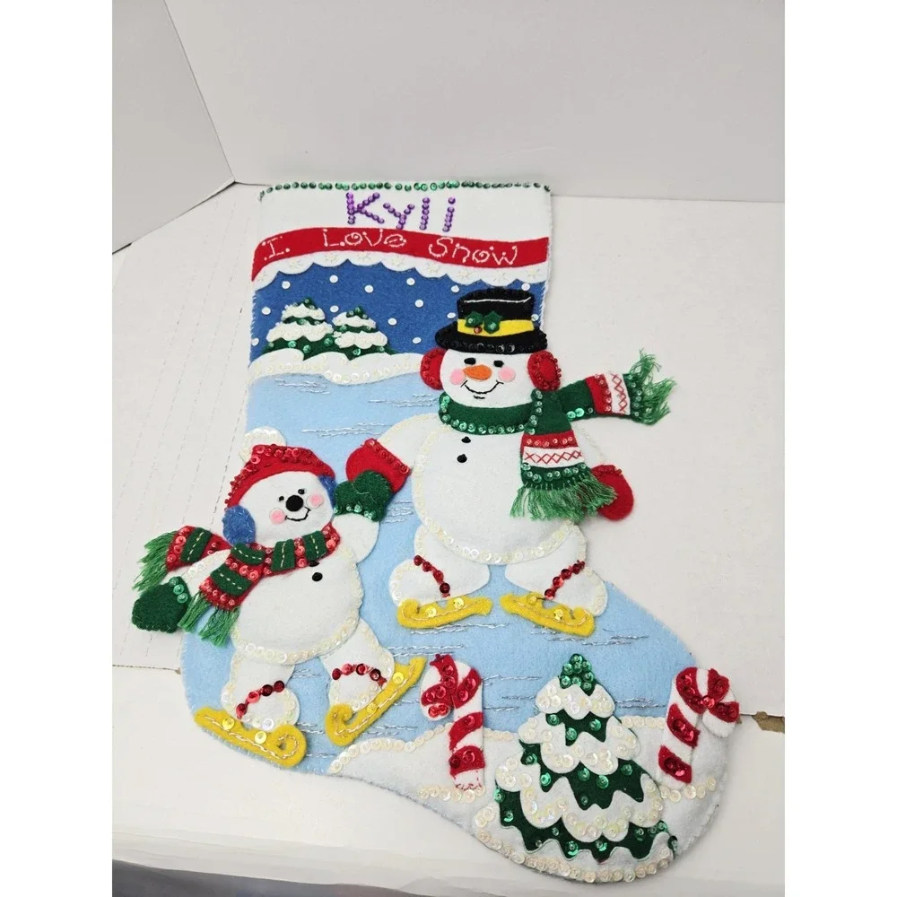Vintage felt Christmas Stocking Large Snowman 3D I Love Snow‎ 16